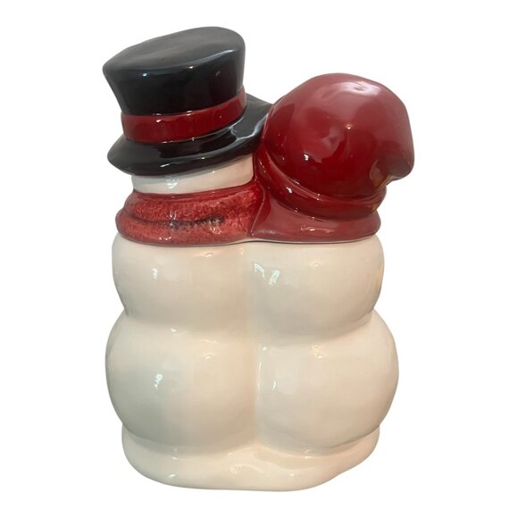 St. Nicholas Square Yuletide Let It Snow Ceramic Cookie Jar Snowman Couple - Picture 3 of 9